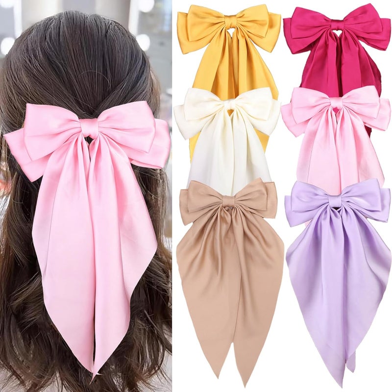 MRJ 6 Pcs Silky Satin Hair Bows Big Hair Ribbons for Women Large Hair Clips for Girls Hair Accessories Barrettes Metal Clips Bowknot Aesthetic - Image 1